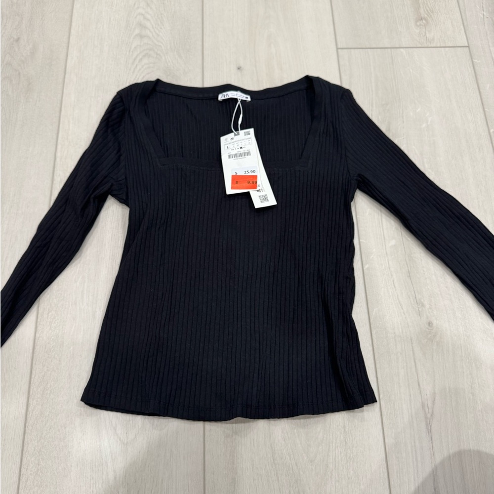 Zara Black Ribbed Long Sleeve Top